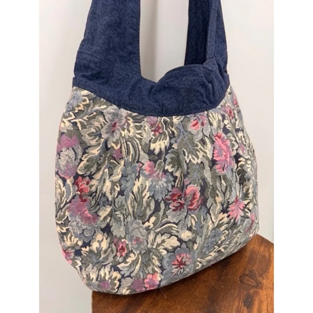 Handmade Floral Tapestry Shoulder Bag Blue Multi Bohemian Hobo Large